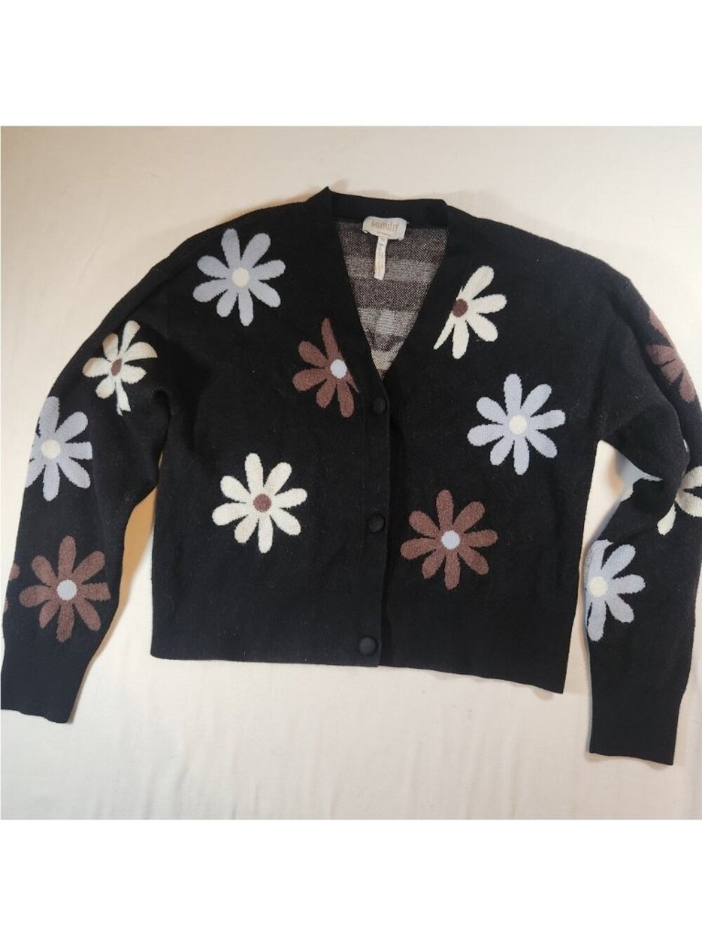 Laundry by Shelli Segal Black Daisy Floral Cardigan Sweater Medium